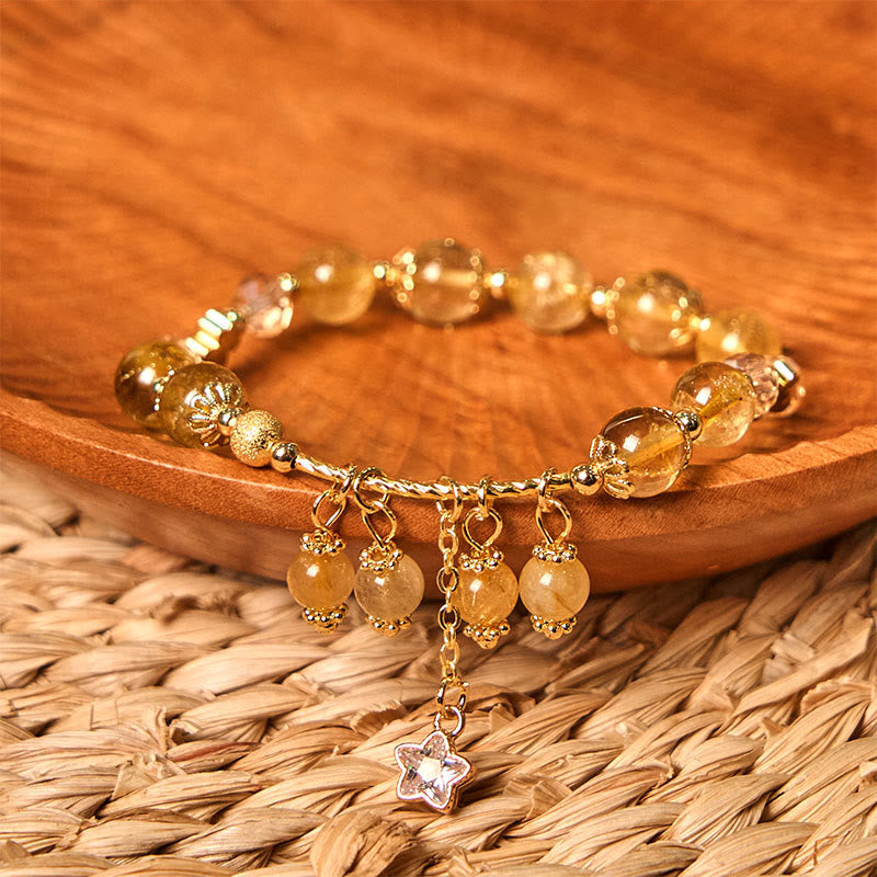 Buddha Stones Natural Colored Yellow Rutilated Quartz Four Leaf Clover Star Auspiciousness Bracelet