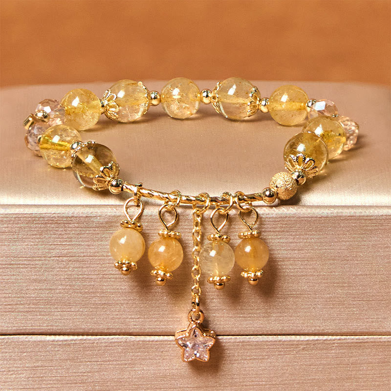 Buddha Stones Natural Colored Yellow Rutilated Quartz Four Leaf Clover Star Auspiciousness Bracelet