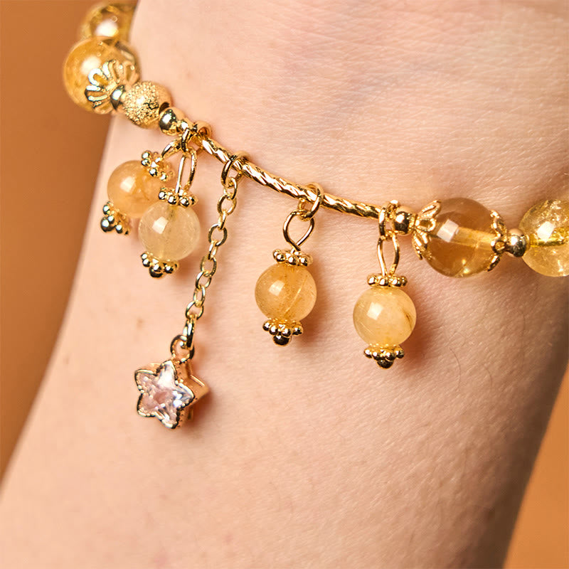 Buddha Stones Natural Colored Yellow Rutilated Quartz Four Leaf Clover Star Auspiciousness Bracelet