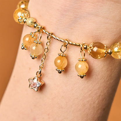 Buddha Stones Natural Colored Yellow Rutilated Quartz Four Leaf Clover Star Auspiciousness Bracelet