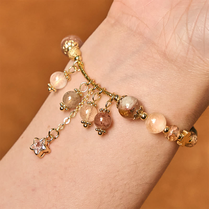 Buddha Stones Natural Colored Yellow Rutilated Quartz Four Leaf Clover Star Auspiciousness Bracelet