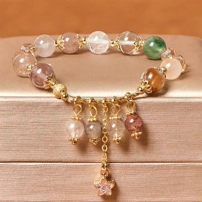 Buddha Stones Natural Colored Yellow Rutilated Quartz Four Leaf Clover Star Auspiciousness Bracelet