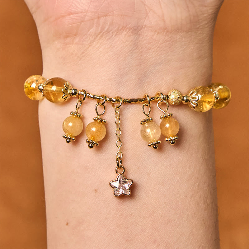 Buddha Stones Natural Colored Yellow Rutilated Quartz Four Leaf Clover Star Auspiciousness Bracelet