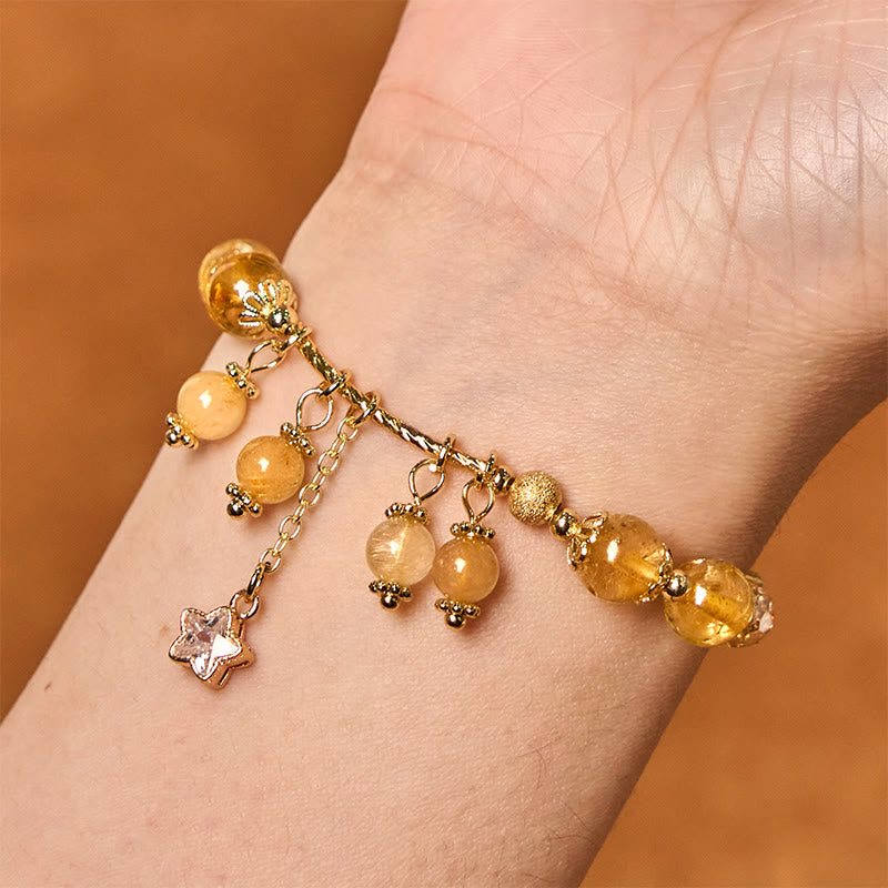 Buddha Stones Natural Colored Yellow Rutilated Quartz Four Leaf Clover Star Auspiciousness Bracelet