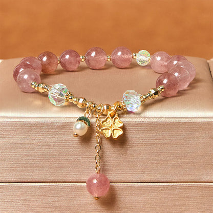 Buddha Stones Natural Strawberry Quartz Four Leaf Clover Healing Bracelet