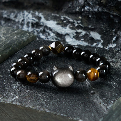 Buddha Stones Natural Silver Sheen Obsidian Beads Cute Cat Soothing Bracelet