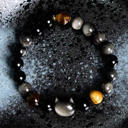 Buddha Stones Natural Silver Sheen Obsidian Beads Cute Cat Soothing Bracelet