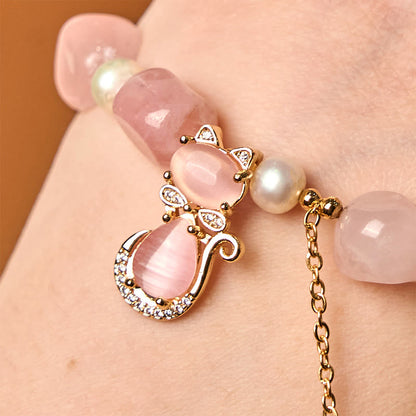 Buddha Stones Natural Strawberry Quartz Pearl Cat Positive Bracelet