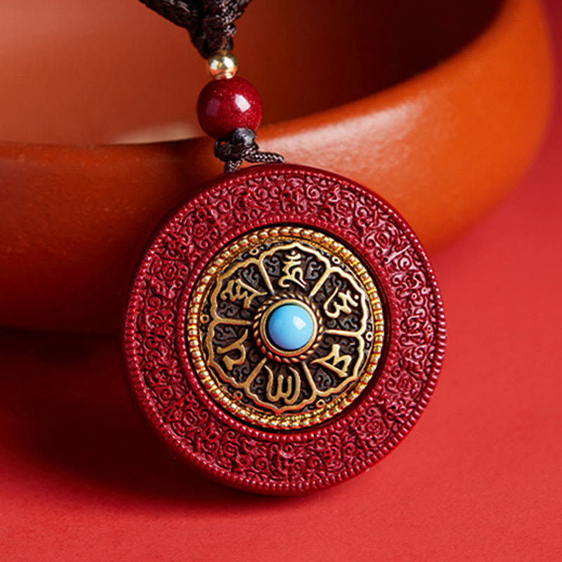 Buddha Stones Natural Cinnabar Om Mani Padme Hum Rotatable Scripture Yin Yang Pattern Blessing Necklace String Pendant
