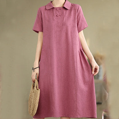 Buddha Stones Plain Jacquard Design Short Sleeve Cotton Linen Midi Dress With Pockets