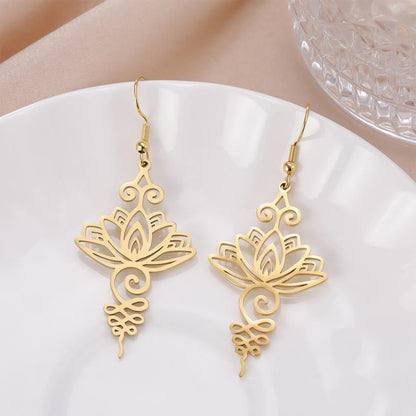 Buddha Stones Hollow Lotus Flower Stainless Steel Enlightenment Metal Drop Earrings