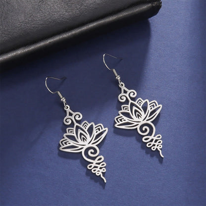 Buddha Stones Hollow Lotus Flower Stainless Steel Enlightenment Metal Drop Earrings