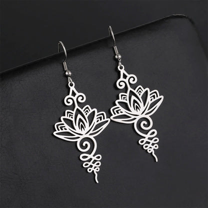 Buddha Stones Hollow Lotus Flower Stainless Steel Enlightenment Metal Drop Earrings