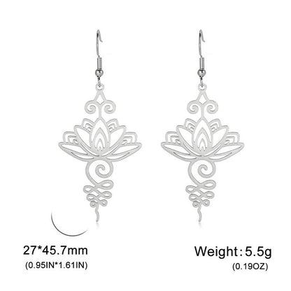Buddha Stones Hollow Lotus Flower Stainless Steel Enlightenment Metal Drop Earrings