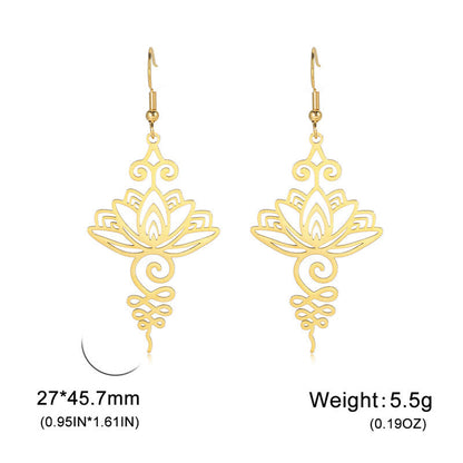 Buddha Stones Hollow Lotus Flower Stainless Steel Enlightenment Metal Drop Earrings