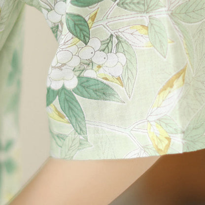 Buddha Stones Floral Jacquard Cotton Linen Chinese Cheongsam Qipao Half Sleeve Midi Dress With Pockets