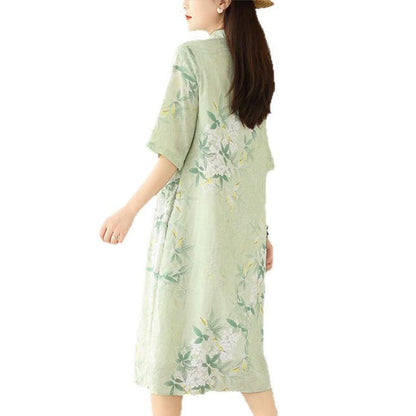 Buddha Stones Floral Jacquard Cotton Linen Chinese Cheongsam Qipao Half Sleeve Midi Dress With Pockets