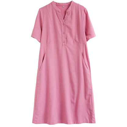 Buddha Stones Casual Daily Pure Color Button Design Short Sleeve Cotton Linen Midi Dress With Pockets