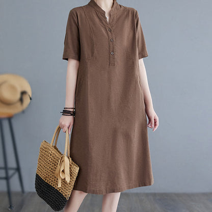 Buddha Stones Casual Daily Pure Color Button Design Short Sleeve Cotton Linen Midi Dress With Pockets