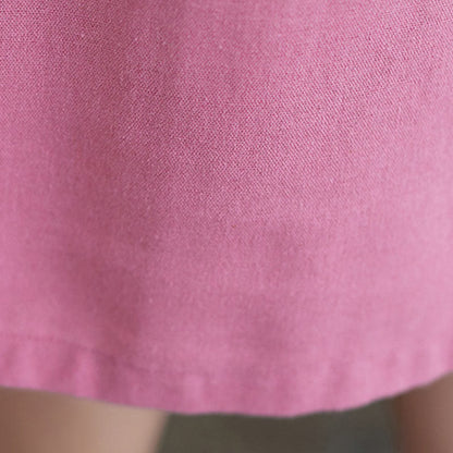 Buddha Stones Casual Daily Pure Color Button Design Short Sleeve Cotton Linen Midi Dress With Pockets