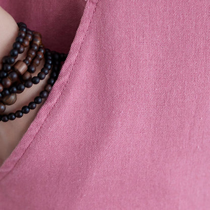 Buddha Stones Casual Daily Pure Color Button Design Short Sleeve Cotton Linen Midi Dress With Pockets