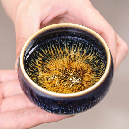 Buddha Stones Handmade Chinese Jianzhan Koi Fish Lotus Dragon Phoenix 12 Chinese Zodiac Ceramic Teacup Kung Fu Tea Cup 70ml