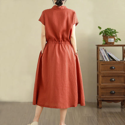 Buddha Stones Summer Plain Short Sleeve Drawstring Cotton Linen Midi Dress With Pockets