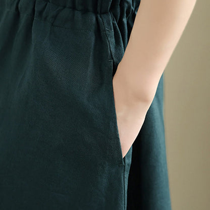 Buddha Stones Summer Plain Short Sleeve Drawstring Cotton Linen Midi Dress With Pockets