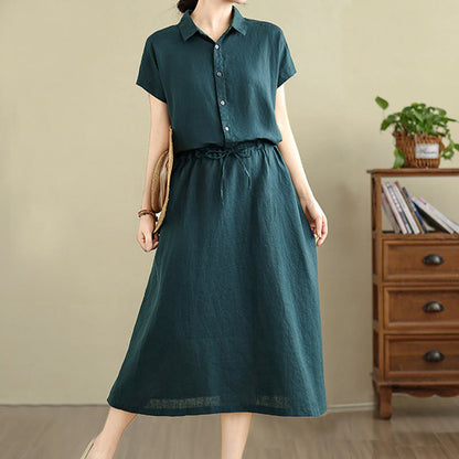 Buddha Stones Summer Plain Short Sleeve Drawstring Cotton Linen Midi Dress With Pockets