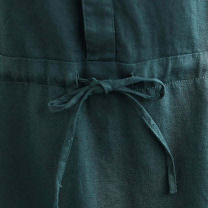 Buddha Stones Summer Plain Short Sleeve Drawstring Cotton Linen Midi Dress With Pockets