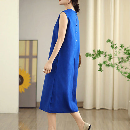 Buddha Stones Casual Plain Color Button Back Design Sleeveless Cotton Linen Midi Dress With Pockets