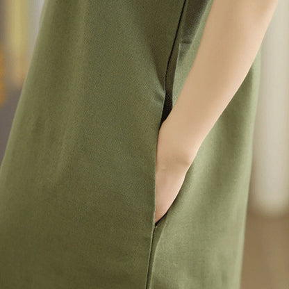 Buddha Stones Casual Plain Color Button Back Design Sleeveless Cotton Linen Midi Dress With Pockets