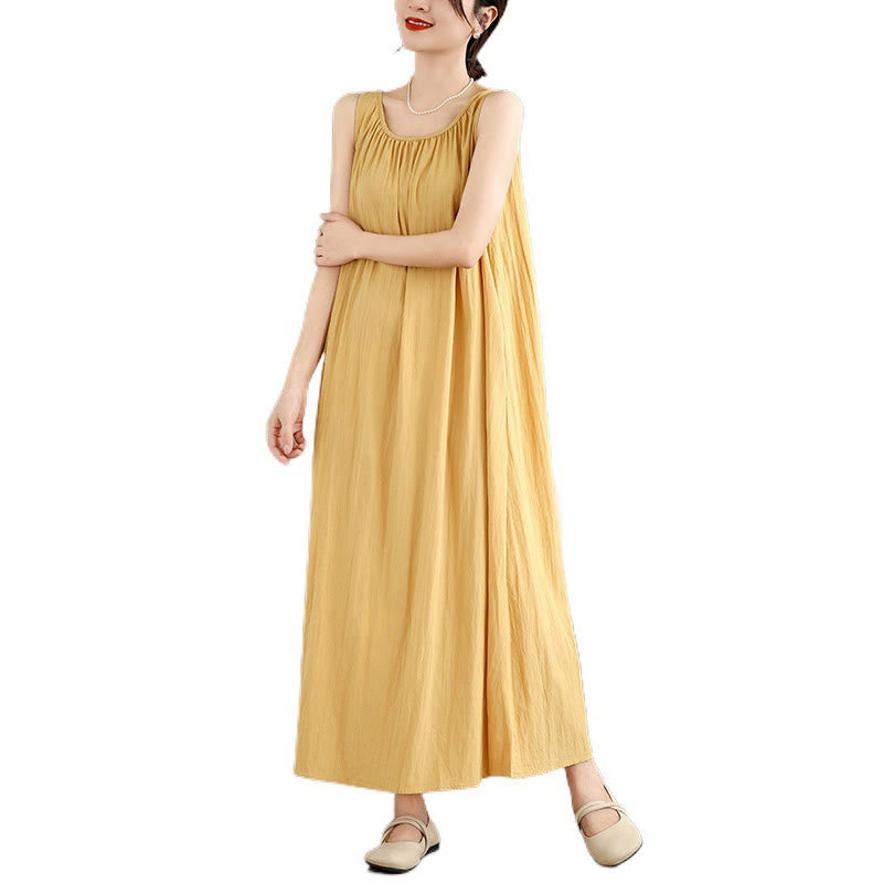 Buddha Stones Summer Casual Plain Pleated Design Sleeveless Crew Neck Cotton Midi Dress With Pockets