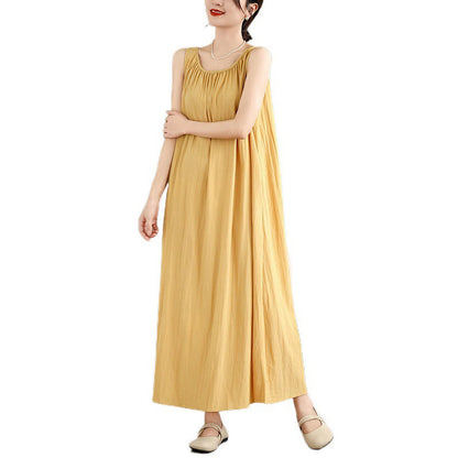 Buddha Stones Summer Casual Plain Pleated Design Sleeveless Crew Neck Cotton Midi Dress With Pockets