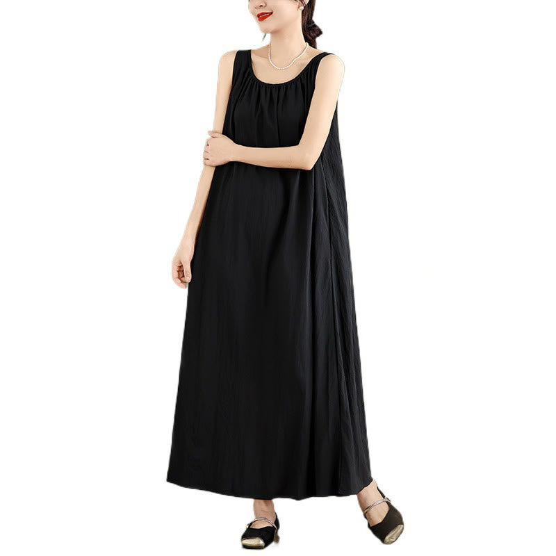 Buddha Stones Summer Casual Plain Pleated Design Sleeveless Crew Neck Cotton Midi Dress With Pockets