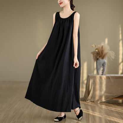 Buddha Stones Summer Casual Plain Pleated Design Sleeveless Crew Neck Cotton Midi Dress With Pockets