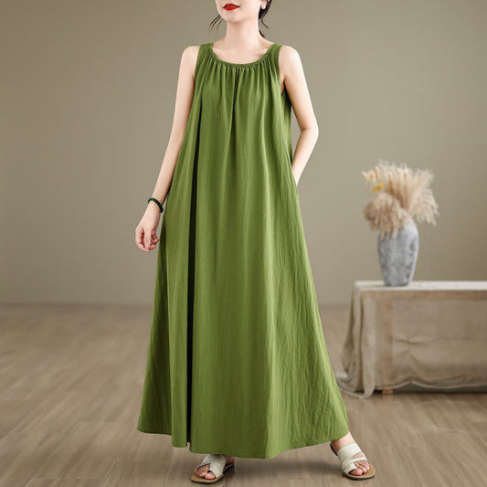 Buddha Stones Summer Casual Plain Pleated Design Sleeveless Crew Neck Cotton Midi Dress With Pockets