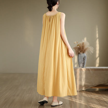 Buddha Stones Summer Casual Plain Pleated Design Sleeveless Crew Neck Cotton Midi Dress With Pockets