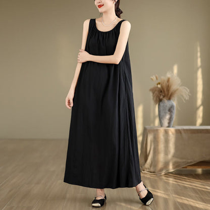 Buddha Stones Summer Casual Plain Pleated Design Sleeveless Crew Neck Cotton Midi Dress With Pockets