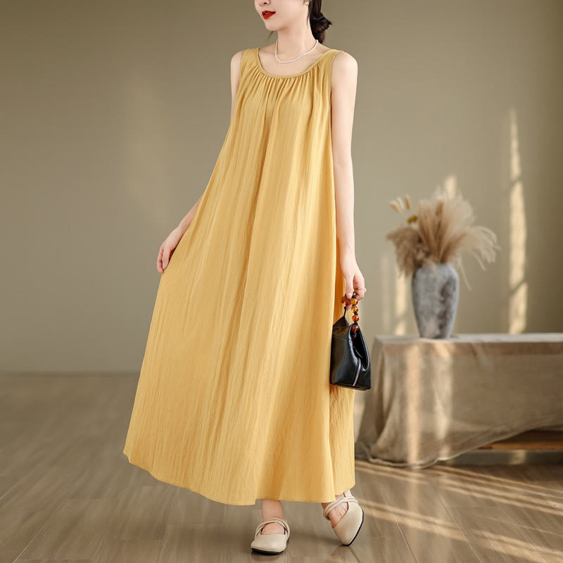 Buddha Stones Summer Casual Plain Pleated Design Sleeveless Crew Neck Cotton Midi Dress With Pockets