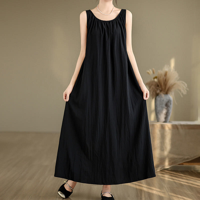 Buddha Stones Summer Casual Plain Pleated Design Sleeveless Crew Neck Cotton Midi Dress With Pockets