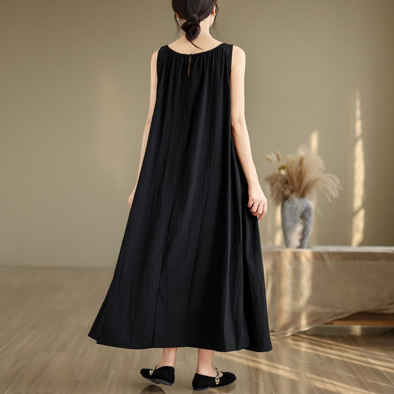 Buddha Stones Summer Casual Plain Pleated Design Sleeveless Crew Neck Cotton Midi Dress With Pockets
