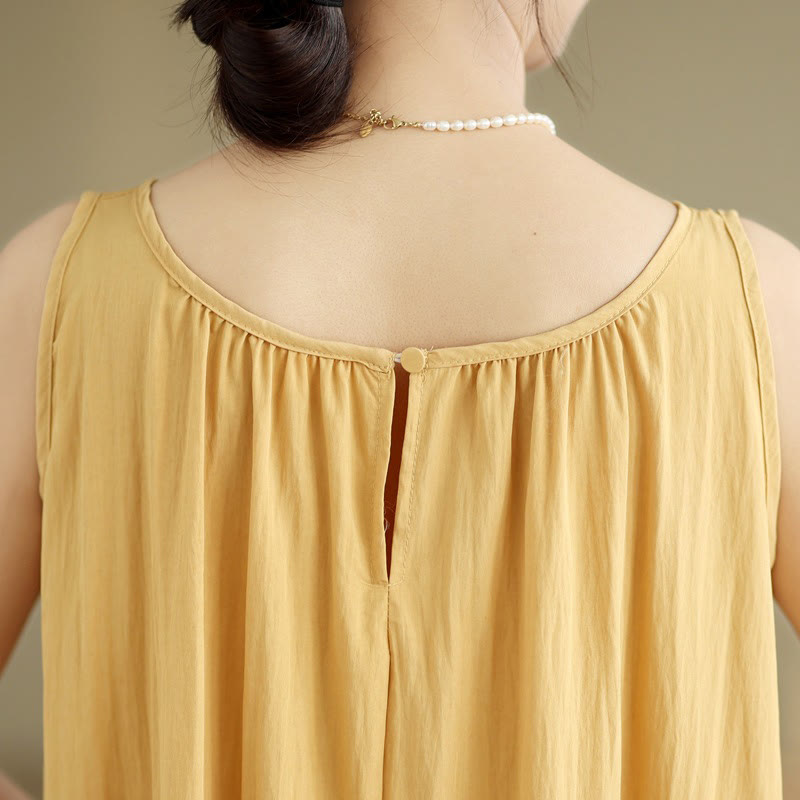 Buddha Stones Summer Casual Plain Pleated Design Sleeveless Crew Neck Cotton Midi Dress With Pockets