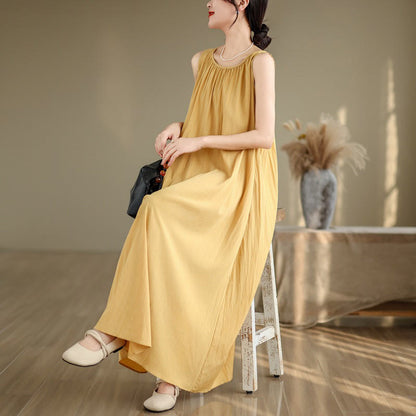 Buddha Stones Summer Casual Plain Pleated Design Sleeveless Crew Neck Cotton Midi Dress With Pockets