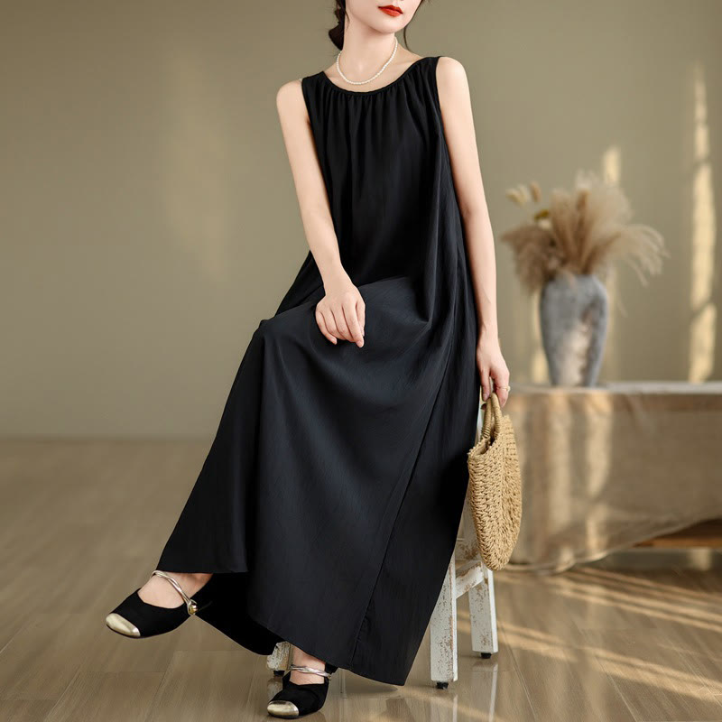 Buddha Stones Summer Casual Plain Pleated Design Sleeveless Crew Neck Cotton Midi Dress With Pockets