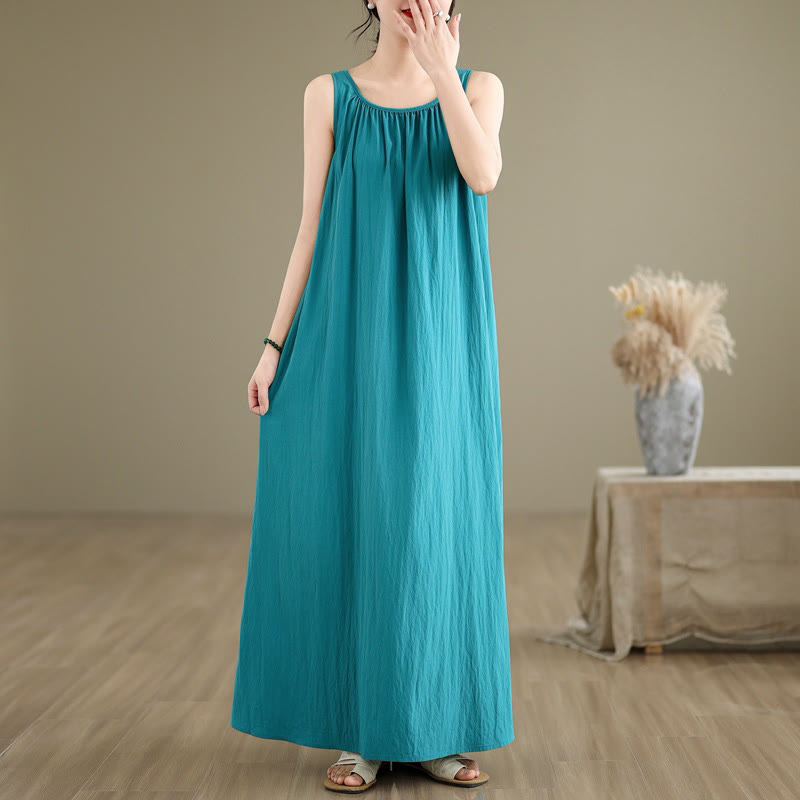 Buddha Stones Summer Casual Plain Pleated Design Sleeveless Crew Neck Cotton Midi Dress With Pockets