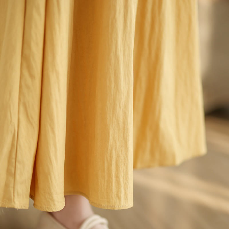 Buddha Stones Summer Casual Plain Pleated Design Sleeveless Crew Neck Cotton Midi Dress With Pockets