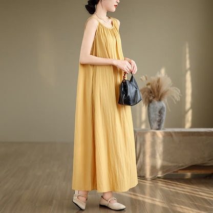 Buddha Stones Summer Casual Plain Pleated Design Sleeveless Crew Neck Cotton Midi Dress With Pockets