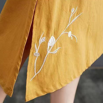 Buddha Stones Summer Printing Phoenix Pattern Short Sleeve Cotton Linen Midi Dress