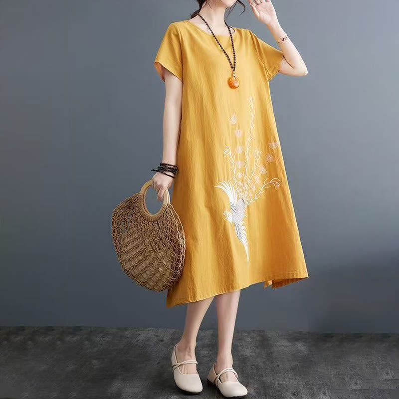 Buddha Stones Summer Printing Phoenix Pattern Short Sleeve Cotton Linen Midi Dress